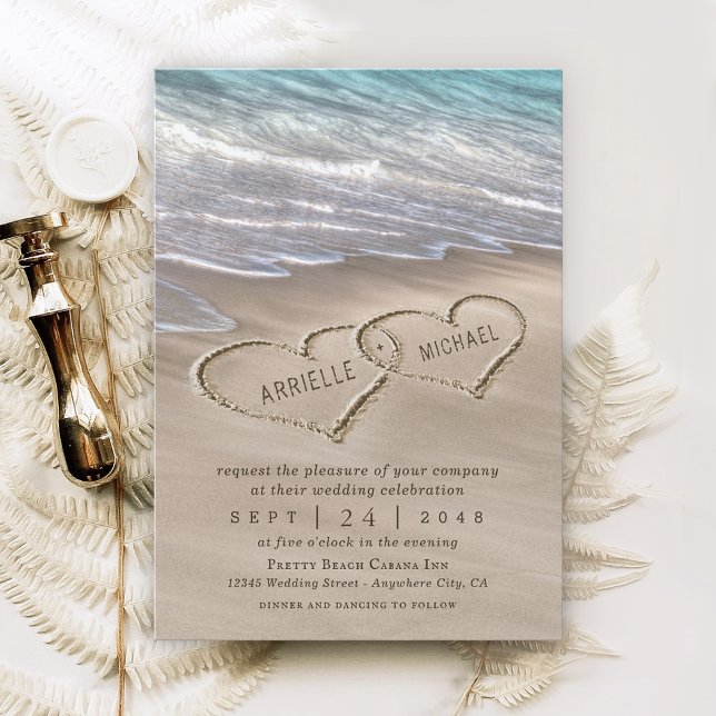 Beach Sand Hearts Elegant Tropical Modern Wedding Invitation (Creator Uploaded)
