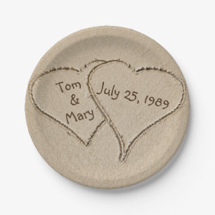 Beach Sand Hearts for anniversary party Paper Plate