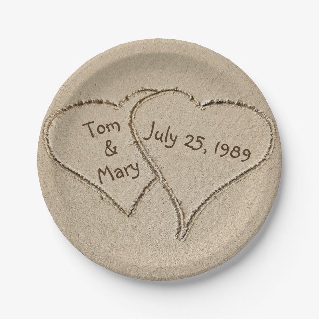 Beach Sand Hearts for anniversary party Paper Plate (Front)