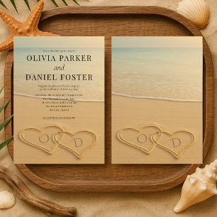 Beach Sand Hearts Monogram Tropical Wedding  Invitation