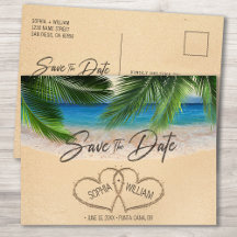 Beach Sand Hearts Palm Save the Date Announcement
