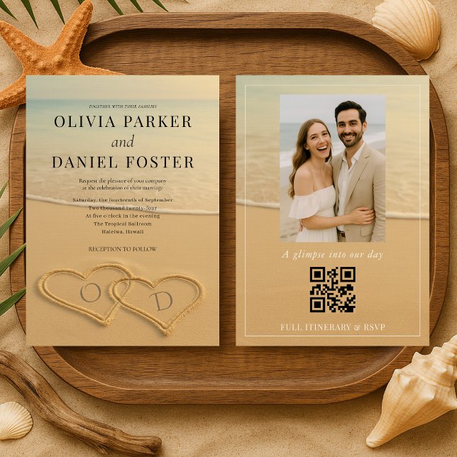 Beach Sand Hearts Tropical Photo QR Code Wedding  Invitation (Creator Uploaded)