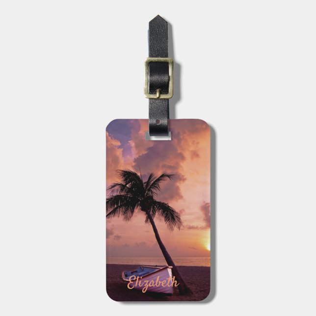 Beach, Sand,Palm,Boat,Sunset  -Personalised Luggage Tag (Front Vertical)