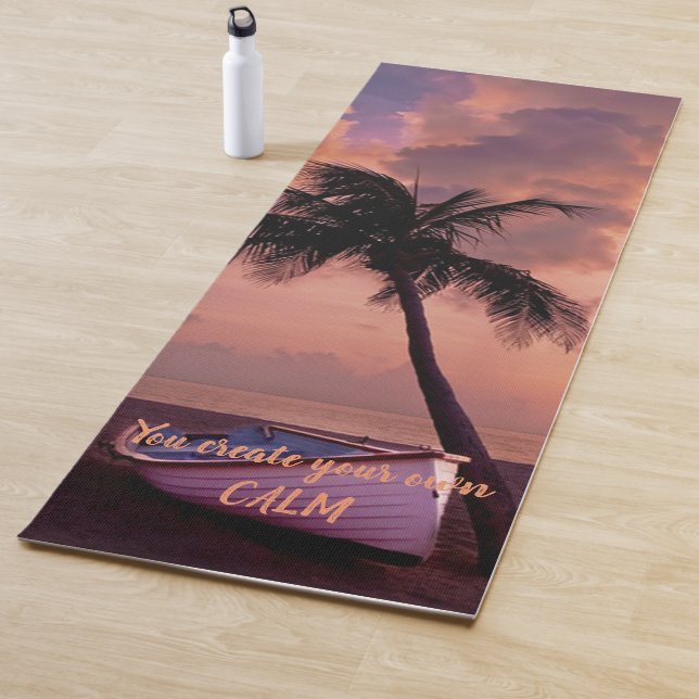 Beach, Sand,Palm,Sunset, Boat-Motivational Message Yoga Mat (In Situ)