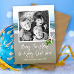 Beach Sand Photo Christmas Card<br><div class="desc">Ocean beach photo Christmas cards.  Customise with a greeting and signature.  Add a family photo to the square template,  with a little starfish and piece of holly in the corner.  Reverse is an image of brown sand.</div>