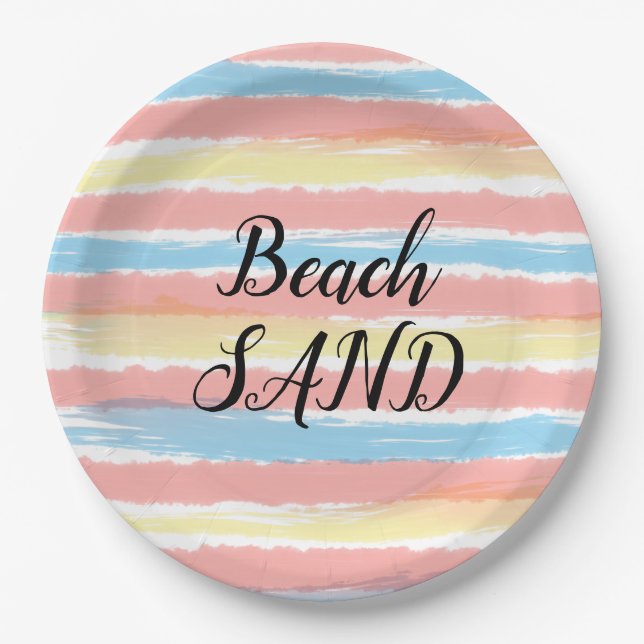 Beach Sand Pink Yellow Blue Watercolor Paper Plate (Front)