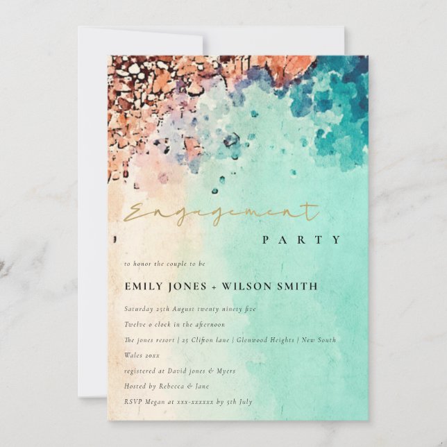 BEACH SAND ROCK WATERCOLOR TEAL ENGAGEMENT INVITE (Front)