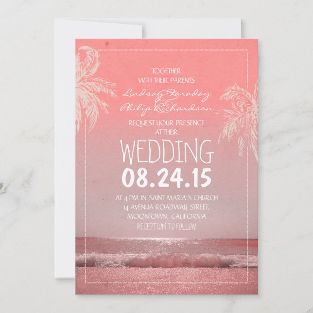 BEACH sand sea waves & palms wedding invitation (Front)