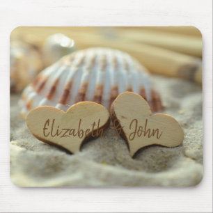 Beach,Sand,Seashell,Wood Hearts -Personalised Mouse Mat