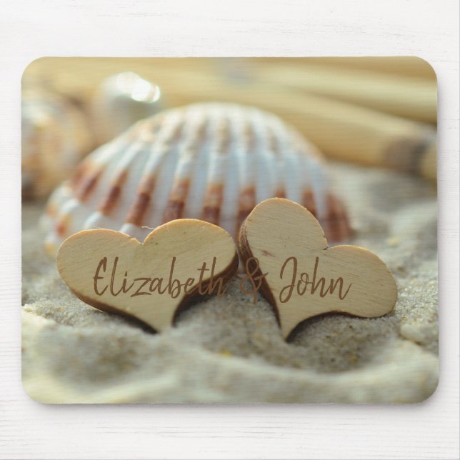 Beach,Sand,Seashell,Wood Hearts    -Personalised Mouse Mat (Front)