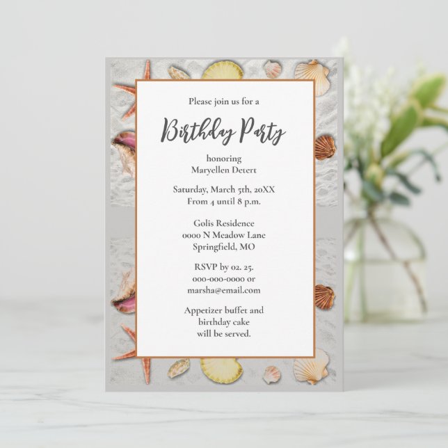 Beach Sand Seashells Birthday Party  Invitation (Standing Front)