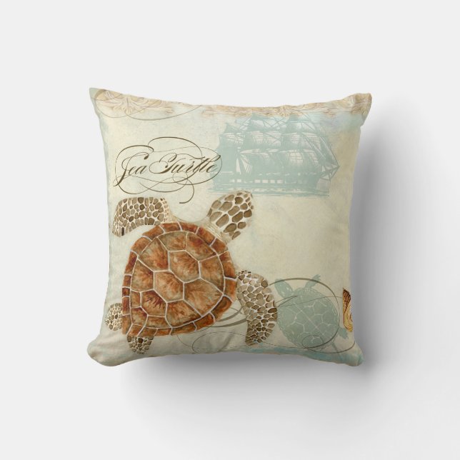 Beach Sand Seashore Collage Turtle Sea Horse Shell Cushion (Front)
