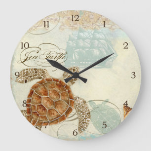 Beach Sand Seashore Collage Turtle Sea Horse Shell Large Clock