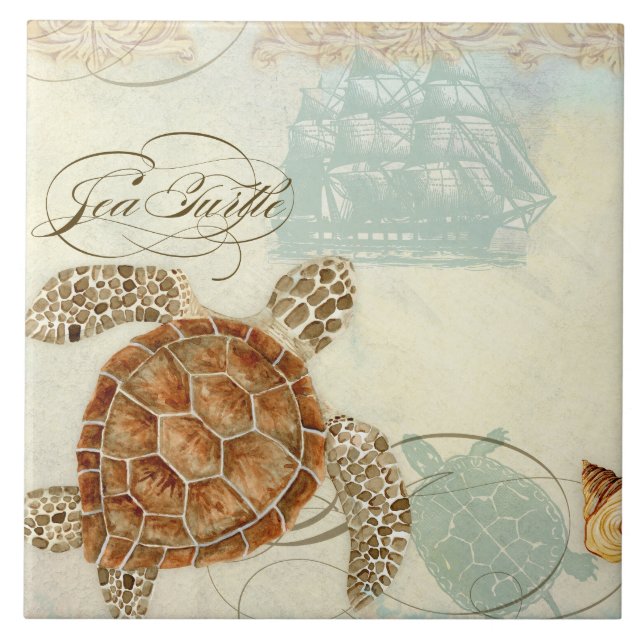Beach Sand Seashore Collage Turtle Sea Horse Shell Tile (Front)