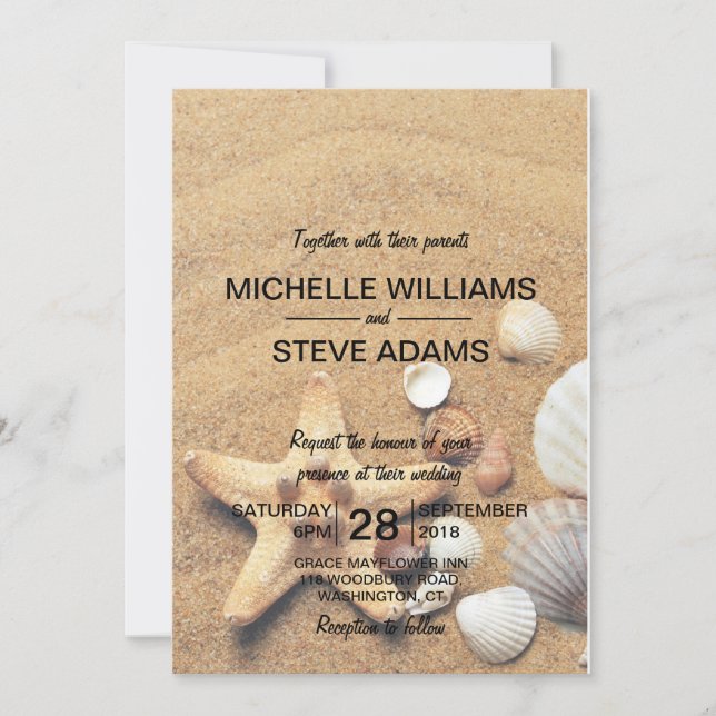 Beach Sand, Shells and Starfish Wedding Invitation (Front)