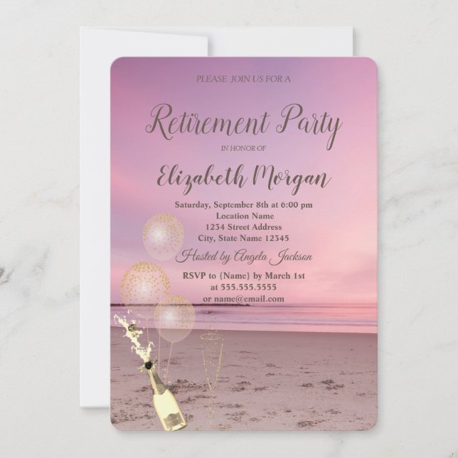 Beach Sand Sunset Balloons,Wine Retirement  Invitation (Front)