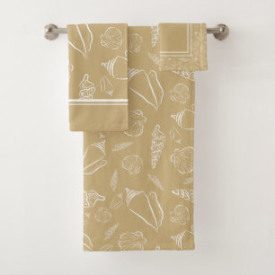 Beach Sand Tan White Seashell Bath Towel Set