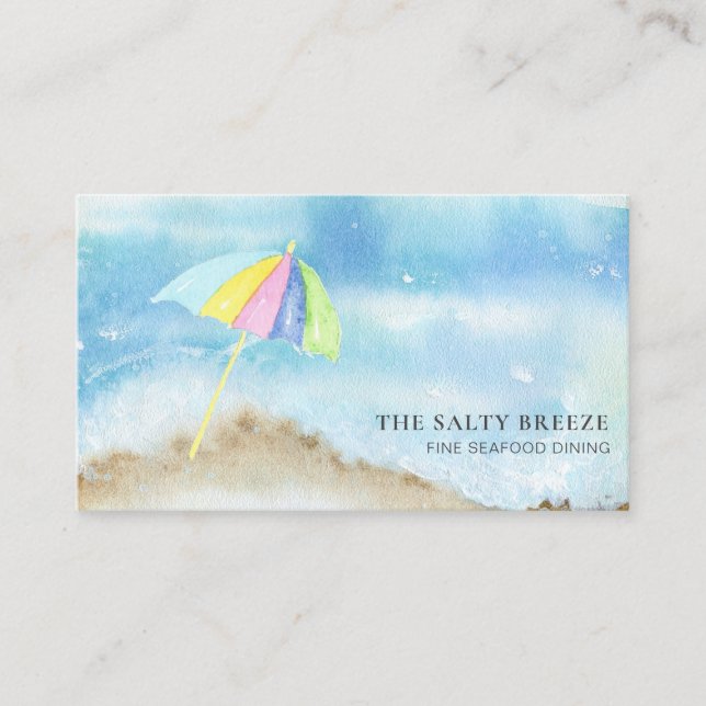 *~* Beach Sand Umbrella Watercolor Sea Ocean QR Business Card (Front)