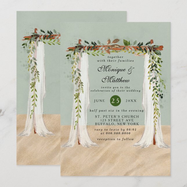 Beach Sand White Canopy Tropical Modern Wedding Invitation (Front/Back)
