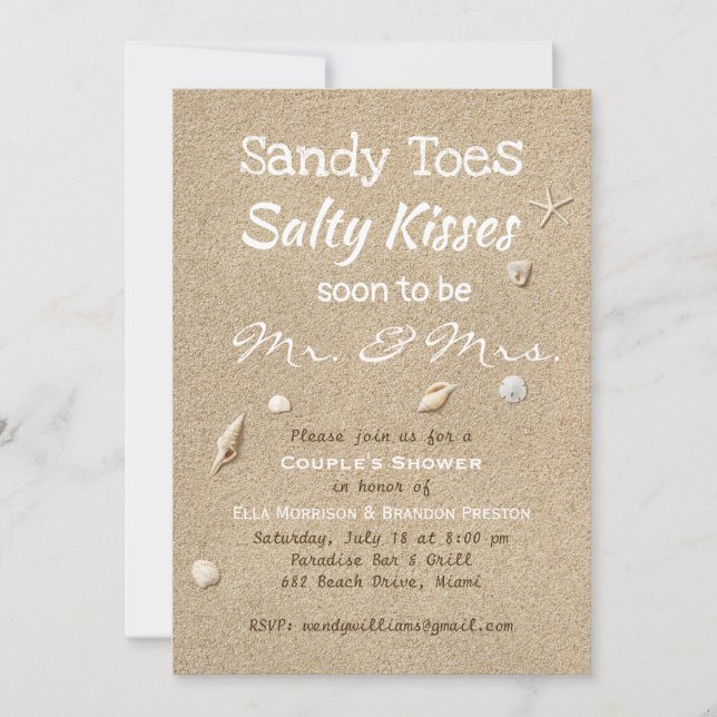 Beach Sand & White Typography Couple's Shower Invitation (Front)