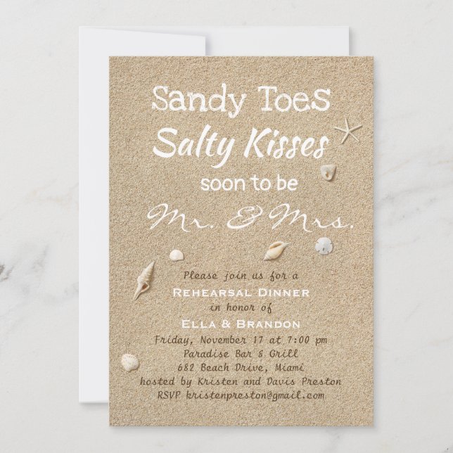 Beach Sand & White Typography Rehearsal Dinner Invitation (Front)