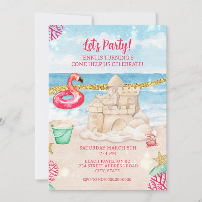 Beach Sandcastle Flamingo Birthday Party Download Invitation (Front)