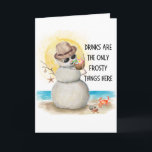 Beach Sandman Frosty Drinks Christmas Holiday Card<br><div class="desc">Share some holiday humour with this funny folded Christmas card featuring a jolly sandman relaxing on the beach sipping a tropical coconut cocktail, seashell ornaments dangling from his driftwood arms, and sunny vibes all around. With a starfish and crab joining the party, it’s perfect for coastal and island dwellers, or...</div>