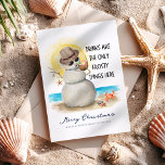 Beach Sandman Frosty Drinks Christmas Holiday Card<br><div class="desc">Share some holiday humour with this funny Christmas card featuring a jolly sandman chilling on the beach with a tropical coconut cocktail, seashell ornaments dangling from his driftwood arms, and sunny vibes all around. With a starfish and crab joining the party, it’s perfect for coastal and island dwellers, or anyone...</div>