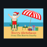 Beach Santa Claus Cute Custom Christmas Postcard<br><div class="desc">This cute custom sunny Christmas postcard makes the perfect postcard for warm weather at the pool or beach. Make it a fun north pole themed extravaganza with Santa Claus in his swimming trunks next to a red and white striped beach umbrella and gifts. I've never seen Mr. Klaus in a...</div>