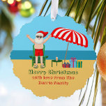 Beach Santa Claus Cute Custom Merry Christmas Tree Decoration Card<br><div class="desc">This cute custom Christmas in July ornament card makes the perfect summer party tag for a beach bash or pool gathering gift. Make it a fun north pole themed extravaganza with Santa Claus in his swimming trunks next to a red and white striped beach umbrella and gifts. I've never seen...</div>