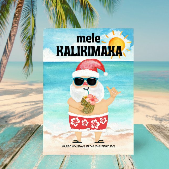 Beach Santa Hawaiian Mele Kalikimaka Christmas Holiday Card (Creator Uploaded)