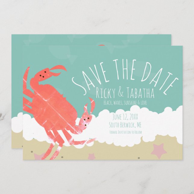 Beach Save the Date Crab Sand Ocean Waves Invitation (Front/Back)