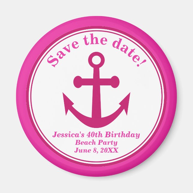 Beach Save the Date Magnet Pink Anchor Birthday (Front)