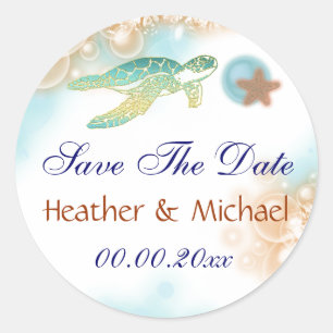 Beach save the date turtle starfish classic round sticker