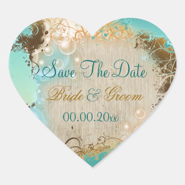 Beach "save the date" wedding aqua white heart sticker (Front)