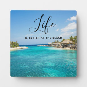 Beach Saying Tropical Beach with Thatched Huts Plaque