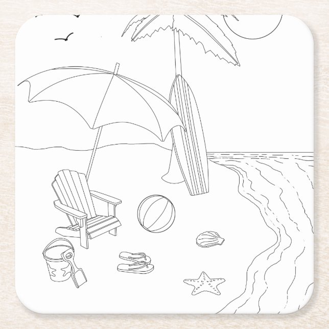 Beach Scene Adult Colouring Paper Coaster (Front)