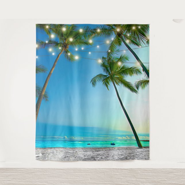 Beach Scene Coconut Palm Trees String Lights Tapestry (Front)