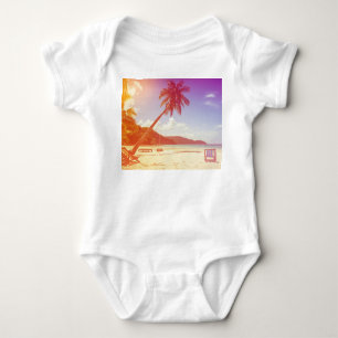Beach scene, coconut tree, wooden bed. baby bodysuit