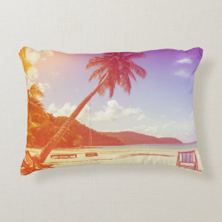 Beach scene, coconut tree, wooden bed. decorative cushion