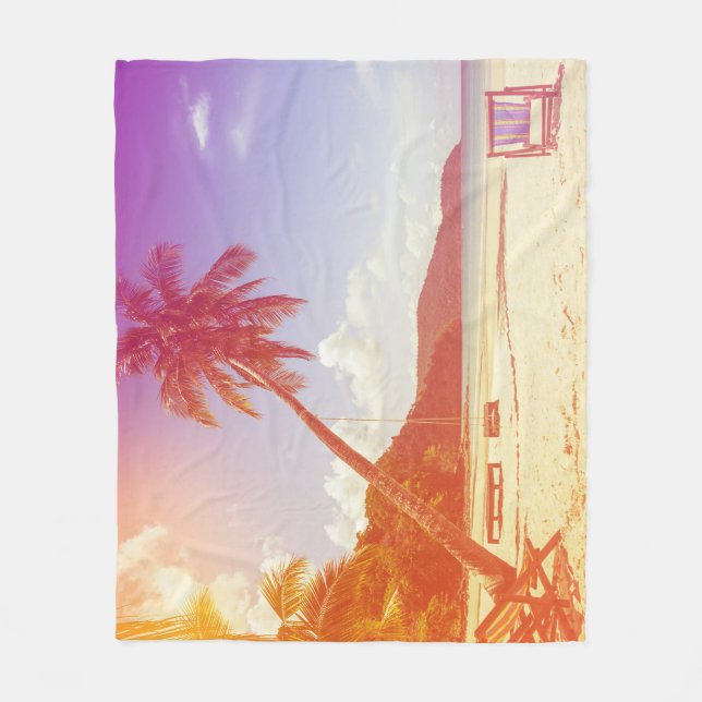 Beach scene, coconut tree, wooden bed. fleece blanket (Front)