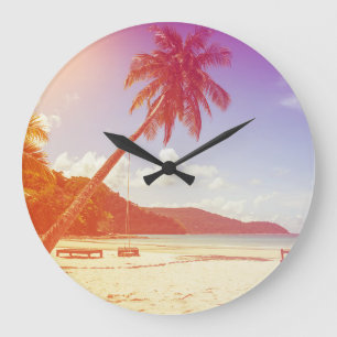 Beach scene, coconut tree, wooden bed. large clock