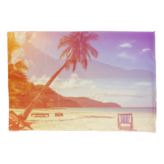 Beach scene, coconut tree, wooden bed. pillowcase