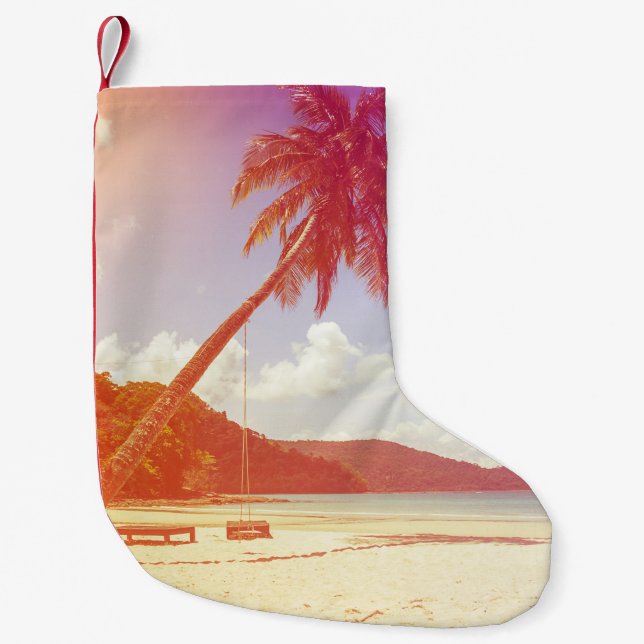 Beach scene, coconut tree, wooden bed. small christmas stocking (Front)