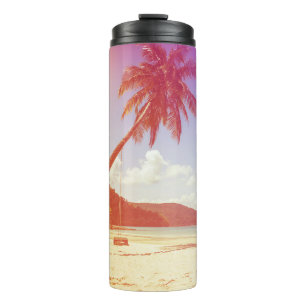 Beach scene, coconut tree, wooden bed. thermal tumbler