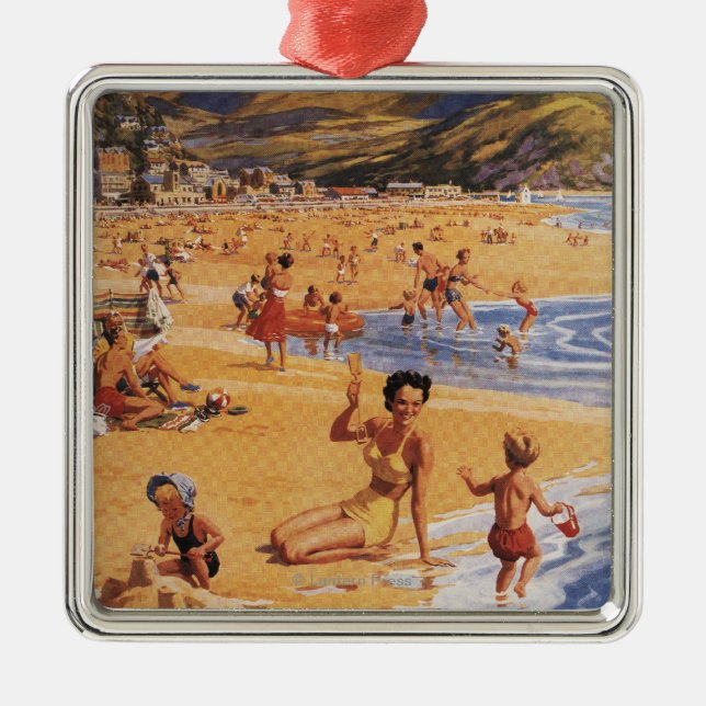 Beach Scene Mother and Kids British Rail Metal Tree Decoration (Front)