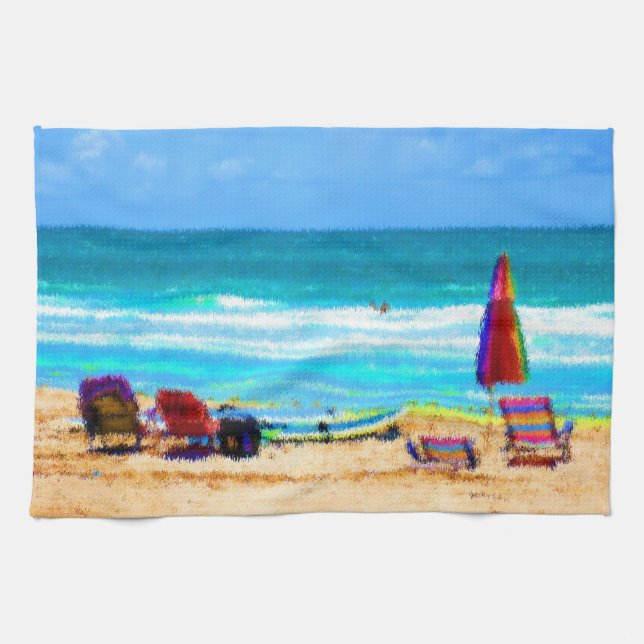 beach scene painterly chairs surfboards umbrellas tea towel (Horizontal)