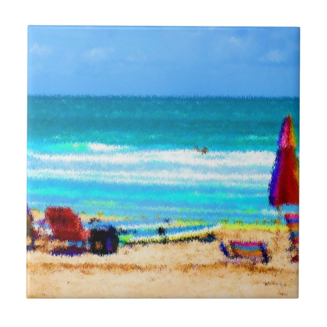 beach scene painterly chairs surfboards umbrellas tile (Front)
