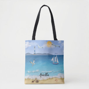 Beach Scene Sailboat Seagulls Lighthouse   Tote Bag