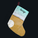 Beach Scene Sand Dollar Double Christmas Stocking<br><div class="desc">Double sided printing on Christmas stockings with a beach scene.  Sand and surf with a big white sand dollar and name template at the top.  Use for guys or gals,  adults or kids.  Anyone who loves the beach will appreciate this sea coast design.</div>